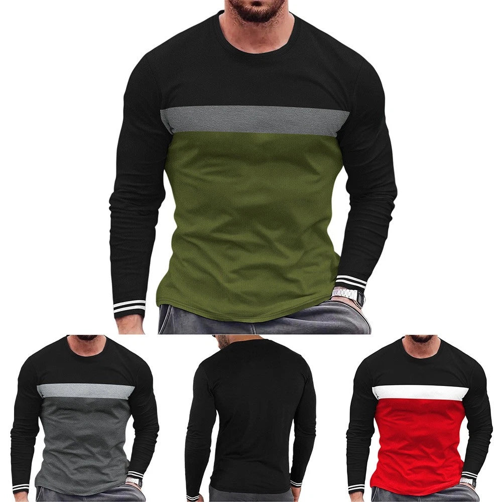 Mens loose fit long sleeve tshirt colorblocked roundneck for all seasons