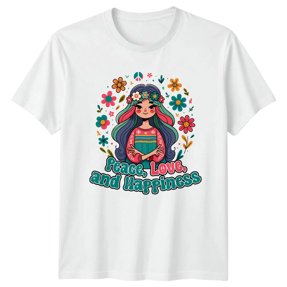 Peace Love And Happiness Hippie Flower Girl Graphic T-Shirt