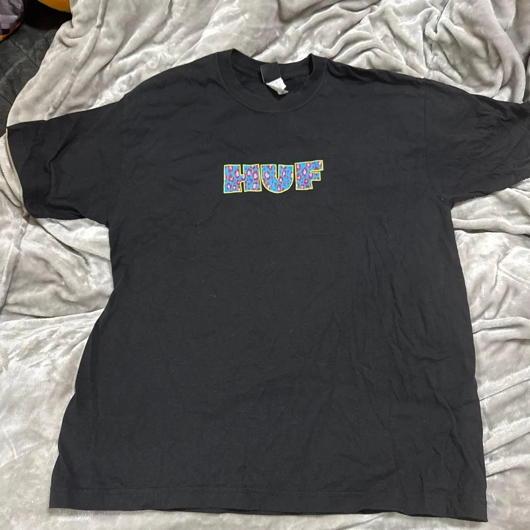 Huf Black T-Shirt Leopard Logo Crew Neck Men’s Casual Top