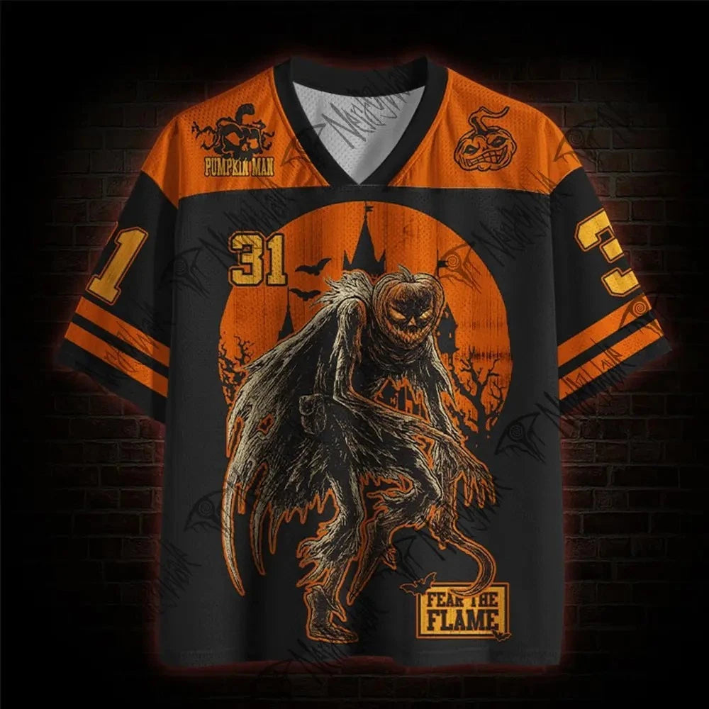 Halloween Pumpkin Demon Football T-Shirt V-Neck Polyester Graphic Jersey