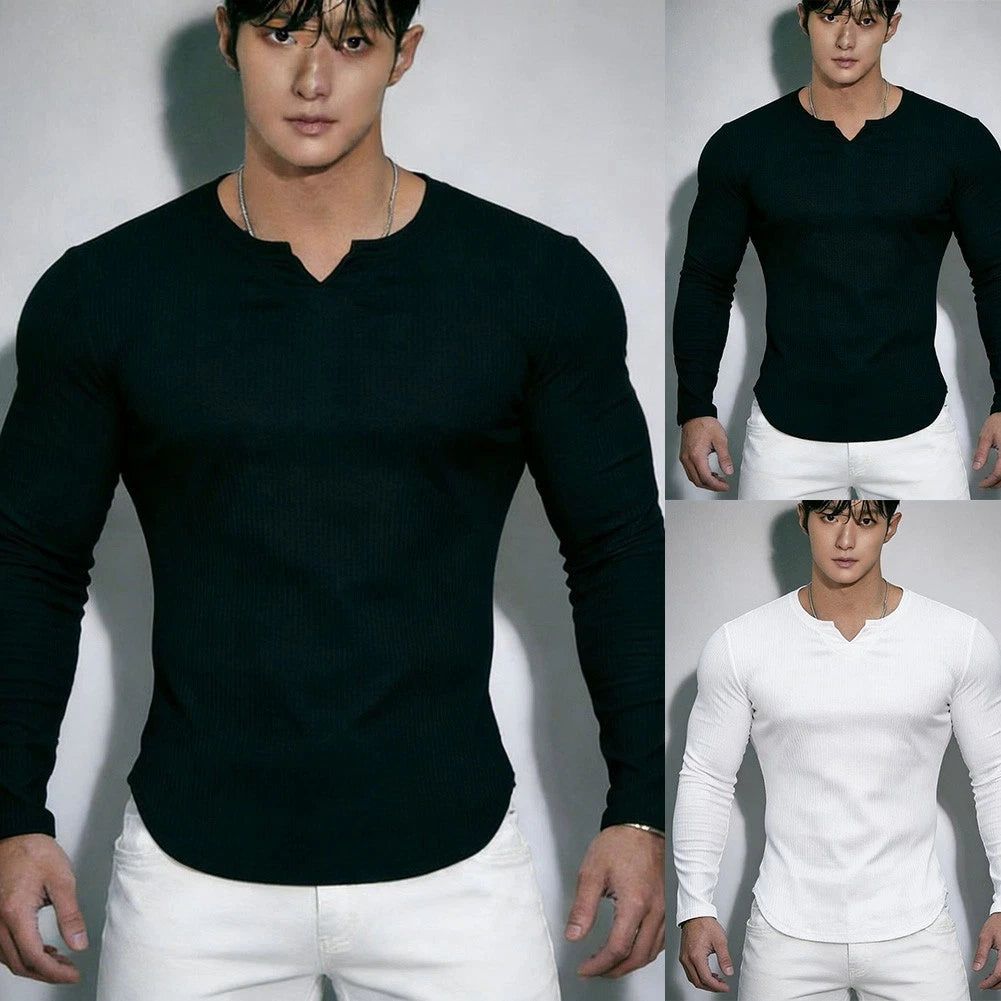 V Neck Long Sleeve Elastic Slim Fit T Shirt for Men Workout Streetwear Base