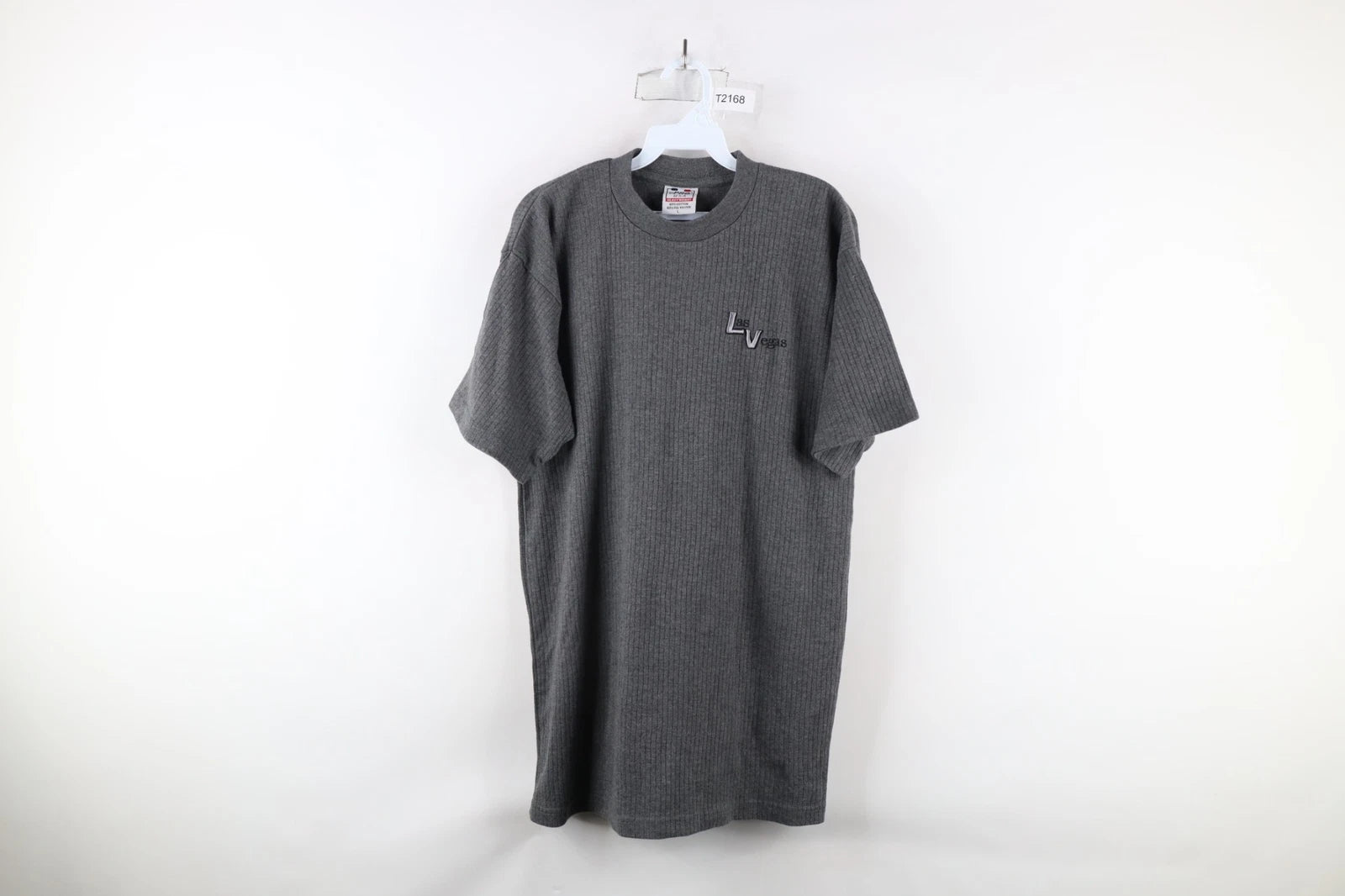 Vintage 90s Streetwear Mens Large Faded Spell Out Las Vegas Ribbed Knit T-Shirt