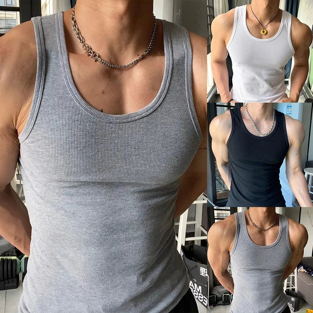 Stylish White Bodybuilding Tank Top with Stripe Pattern for Men's Fitness