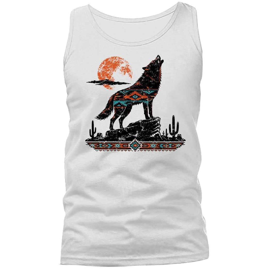 Southwestern Tribal Wolf Howling at Moon Desert Cactus Tank Top