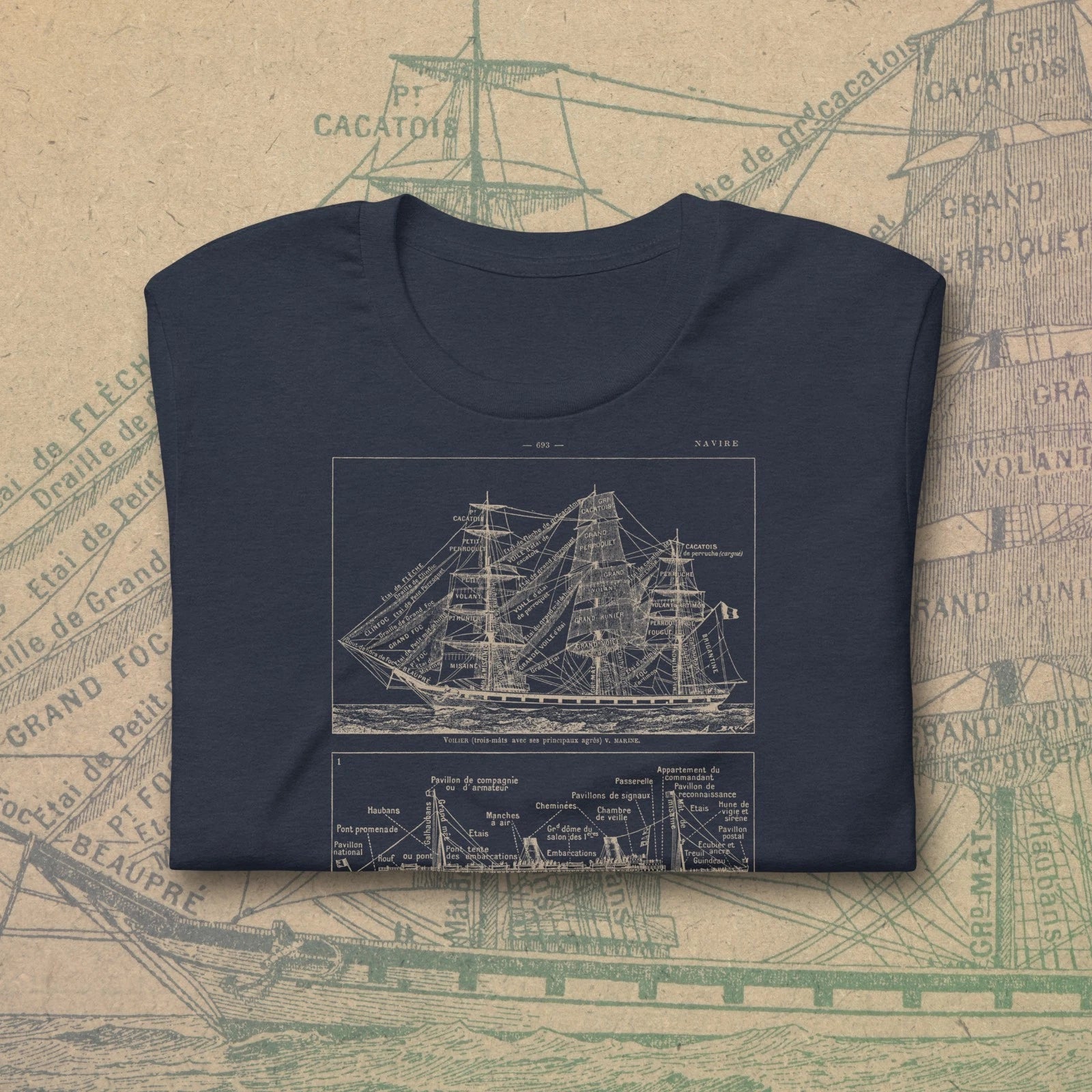 Vintage Naval Ship Blueprint T Shirt Nautical Sailing Diagram Graphic Tee