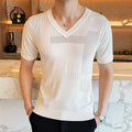 Men Slim Fit V-Neck Short Sleeve Knit T-Shirt Solid Color Ice Silk Casual Tops