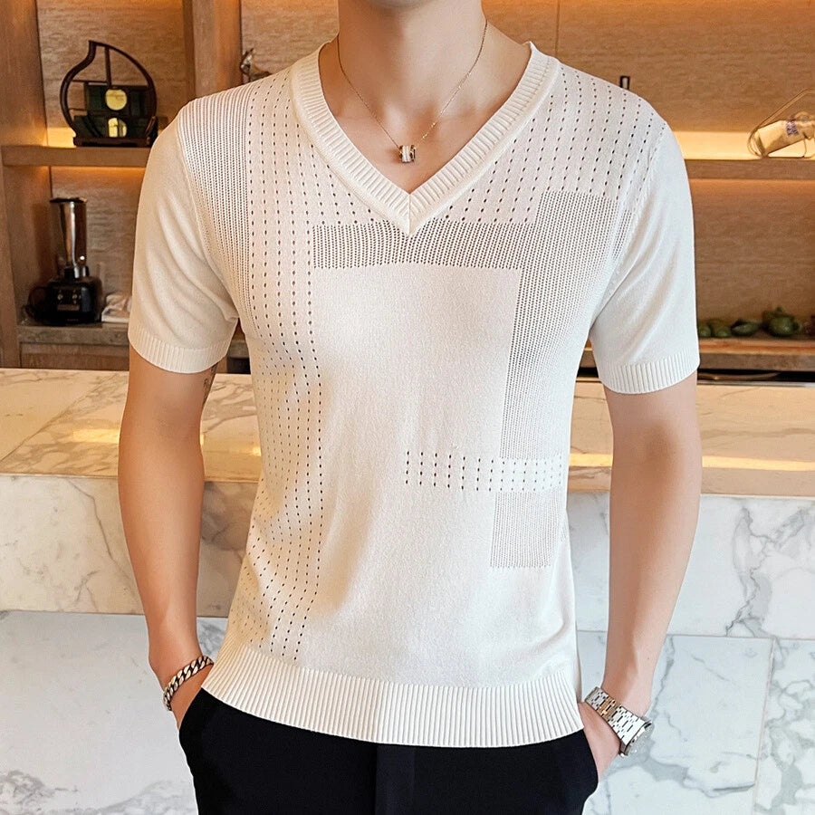 Men Slim Fit V-Neck Short Sleeve Knit T-Shirt Solid Color Ice Silk Casual Tops