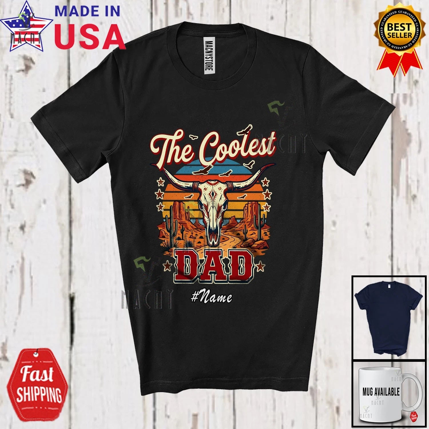 Custom Name Vintage Retro Coolest Dad; Father's Day Legend Skull Buffalo T-Shirt