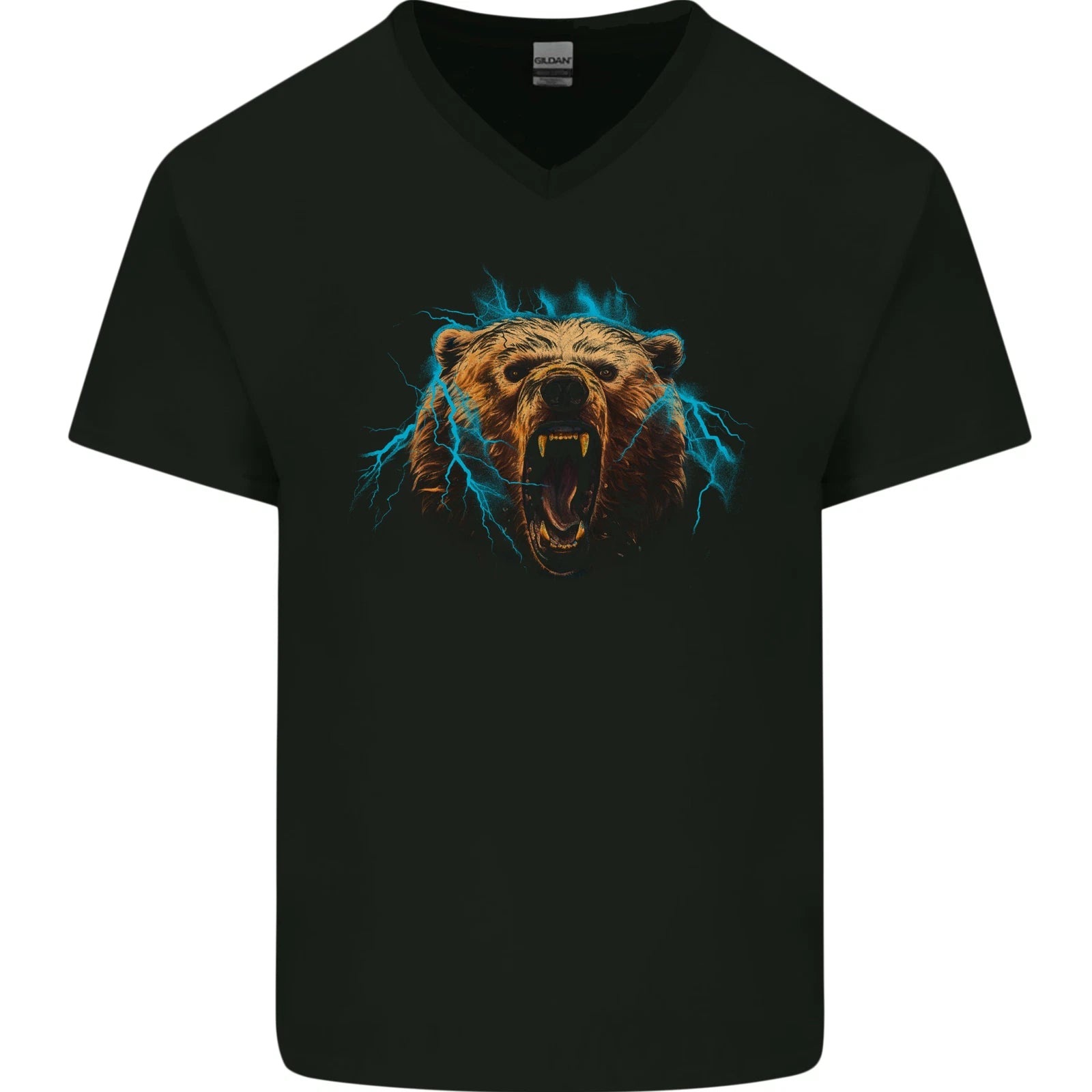 Bear Lightening Bolt Mens V-Neck Cotton T-Shirt