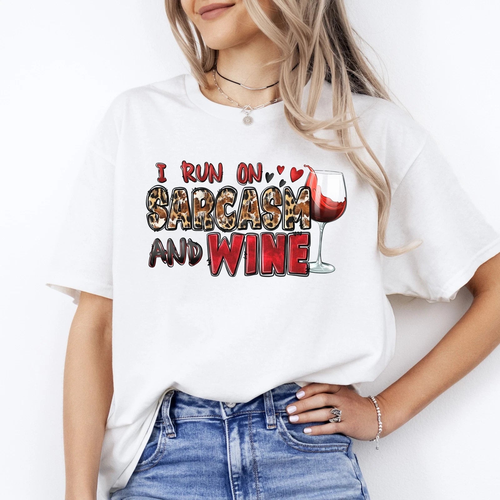I run on sarcasm and wine T-Shirt Sarcastic wine lover Unisex Tee Sand White Spo