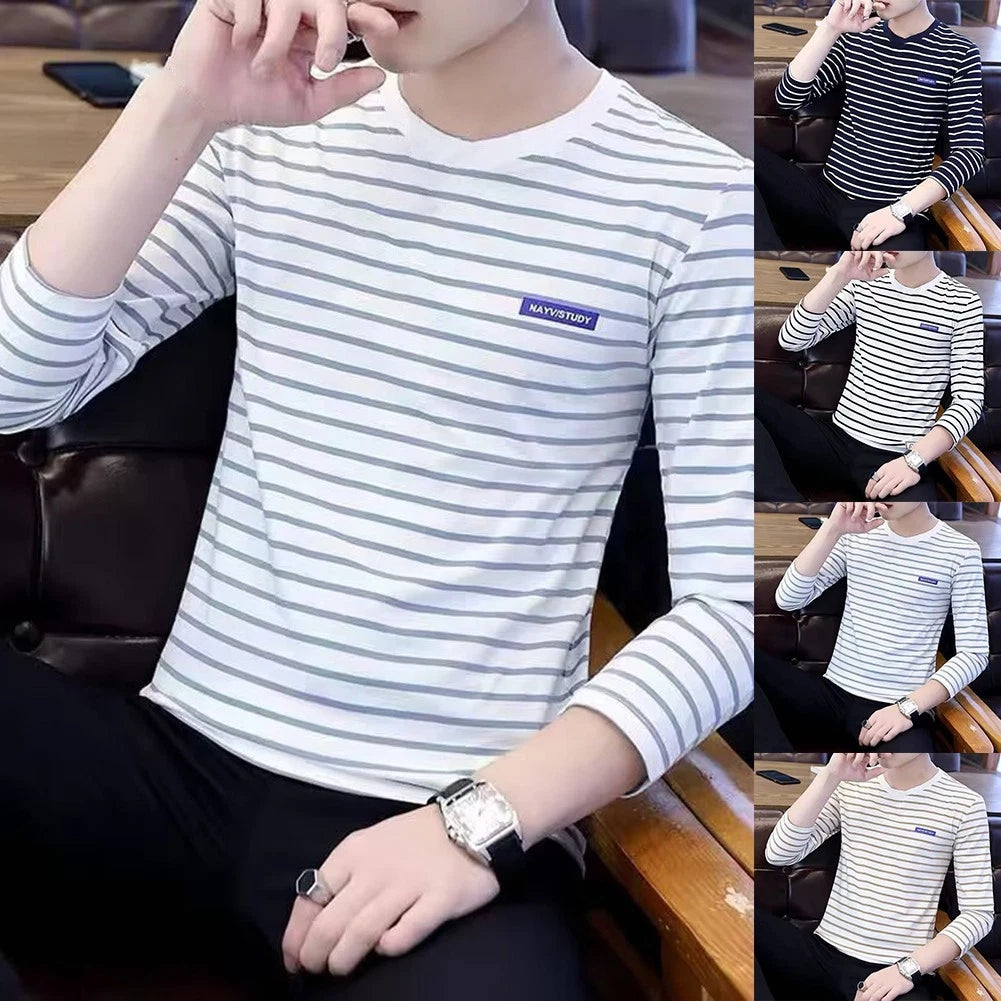 Men's Korean Styled Stripe T-Shirt Long Sleeve Round Neck Casual Slim Fit Wear