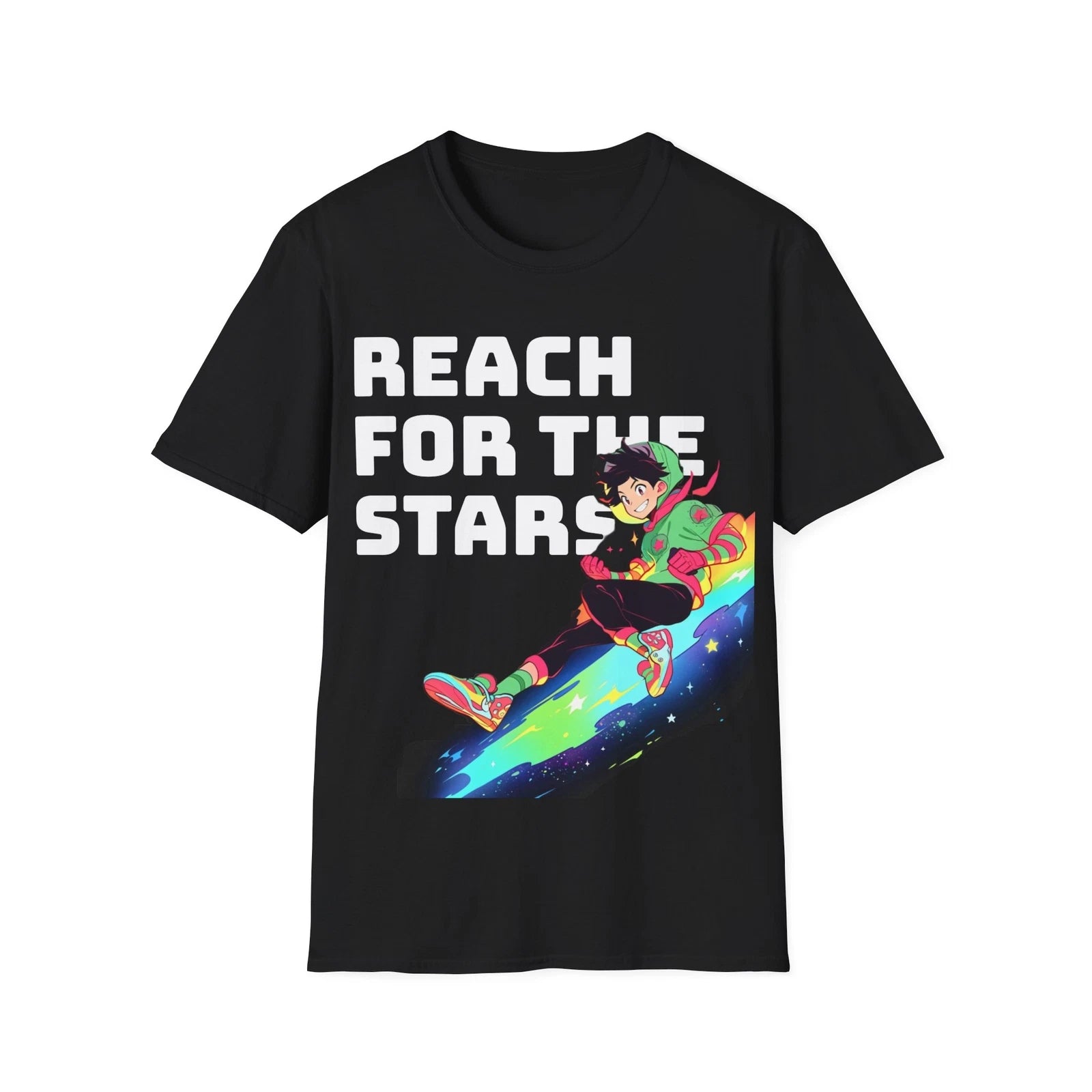 Cool anime graphic tee anime space reach for the stars colorful unique tshirt