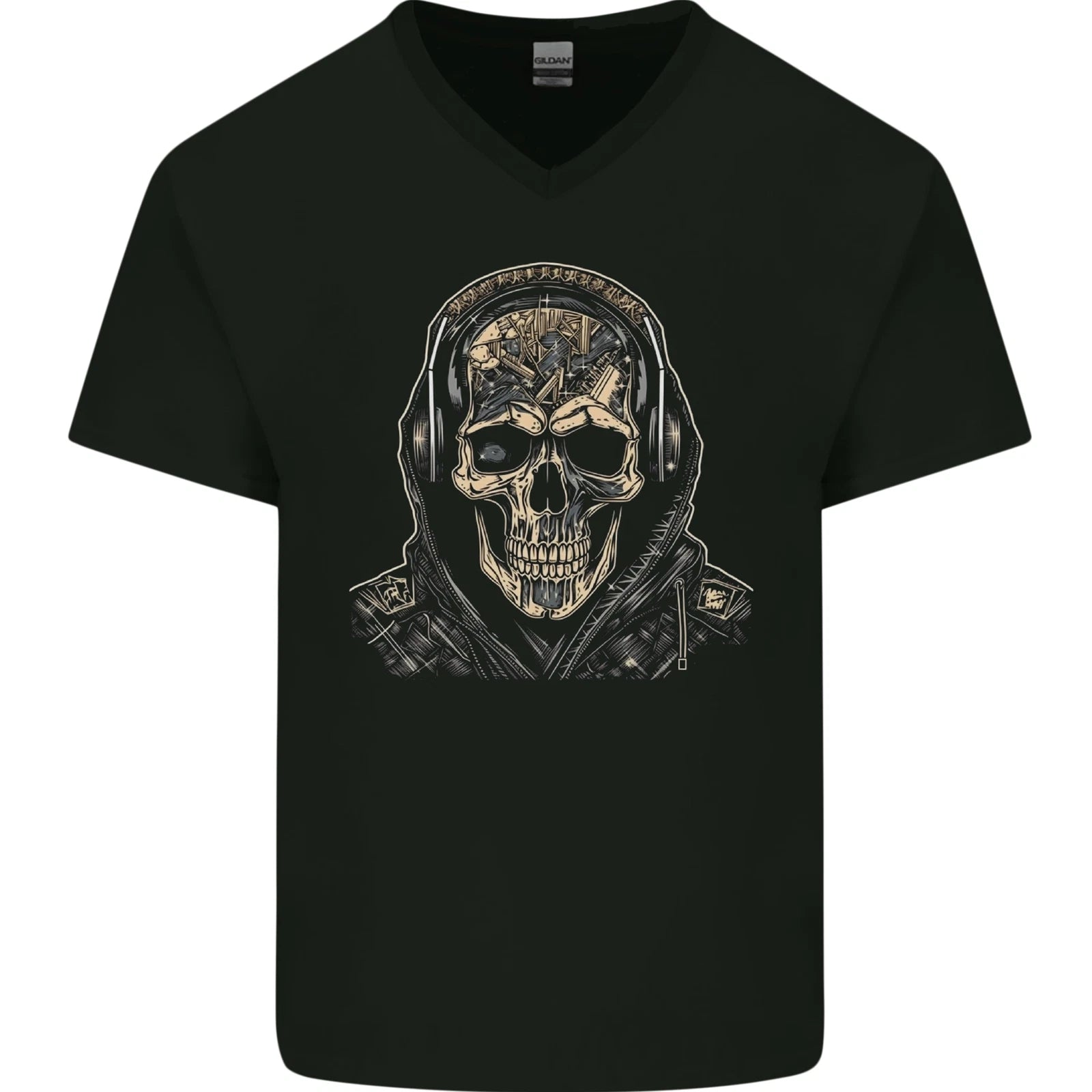 Urban Skull With Headphones Mens V-Neck Cotton T-Shirt