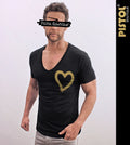 Pistol Boutique Men's Fitted Black Deep V neck GOLD CHEST PAINT HEART T-shirt
