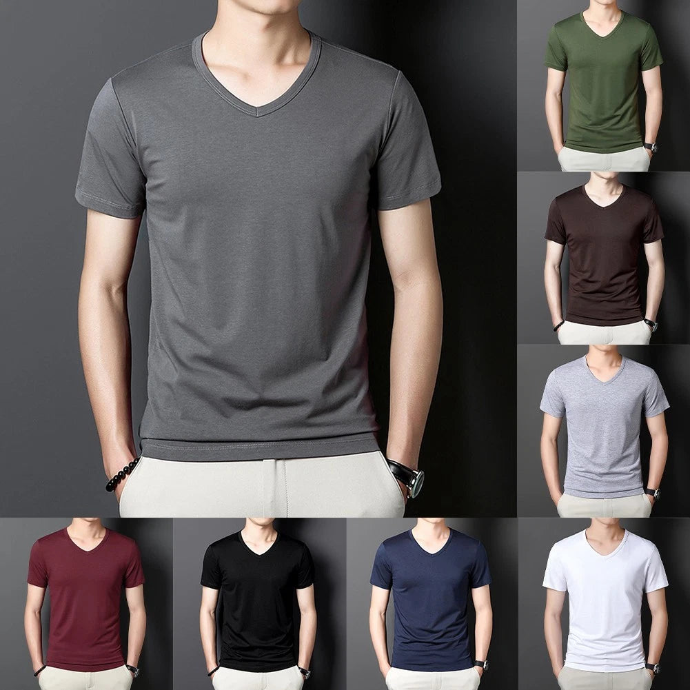 Short Sleeve V Neck Slim Fit Solid Color T Shirt for Men Pullover Undershirt