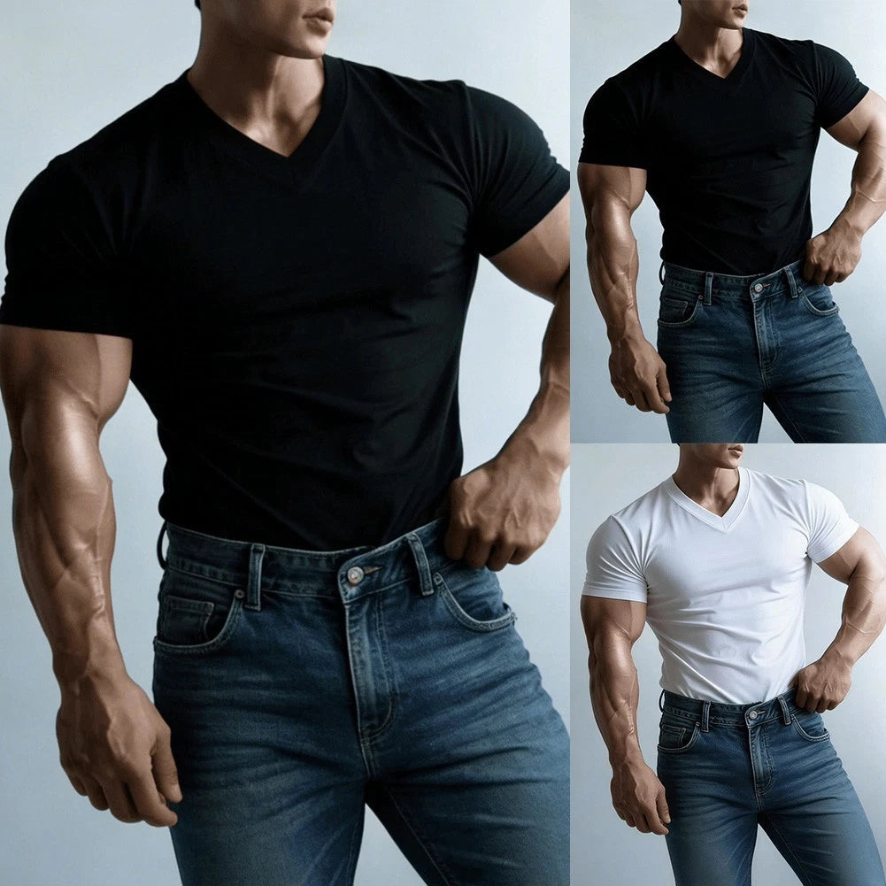 Men V Neck T-Shirt Streetwear Outfit 95% Polyester 5% Spandex Regular Fit