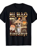 Men's /Korean Culture T-Shirt with Cute Anime Cat & Chinese Text Print - Kawaii