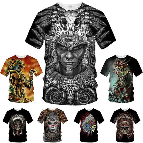 Mexican Aztec Warrior Punk 3D womens/mens Short Sleeve T-Shirt Casual Tops Tee