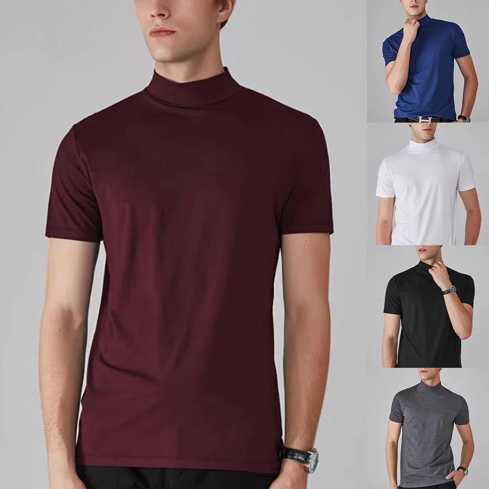 Solid Short Sleeve T Shirt for Men Half High Collar For Slim Fit Regular Top