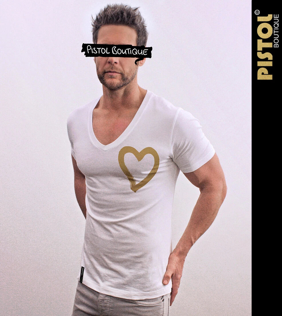 Pistol Boutique Men's Fitted White Deep V neck GOLD CHEST PAINT HEART T-shirt