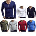 Mens Long Sleeve V-Neck T-shirt Stretch Undershirt Casual Solid Slim Fit,Tops