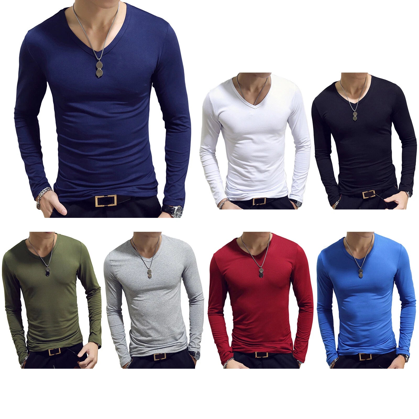 Mens Long Sleeve V-Neck T-shirt Stretch Undershirt Casual Solid Slim Fit,Tops
