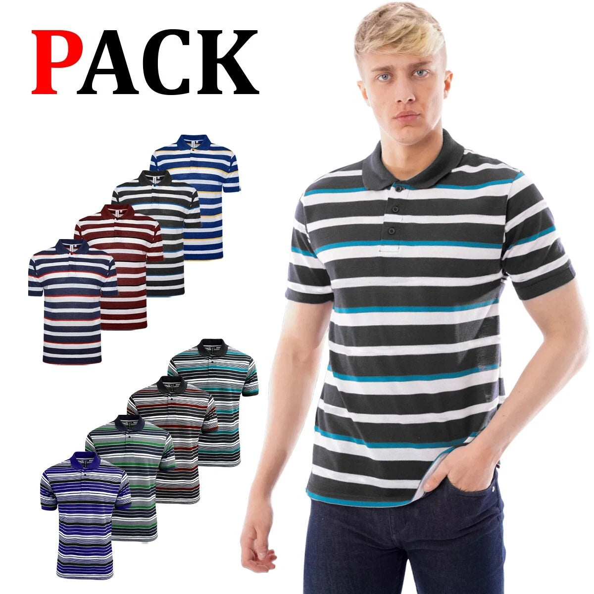 Mens Striped Polo Shirt Short Sleeve Pique T-Shirt Casual Contrast Summer Te Top