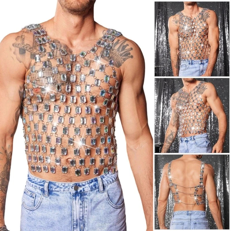 Handmade Acrylic Sleeveless Shirt Mens Breathable Daily Wear Sliver Chain Vest