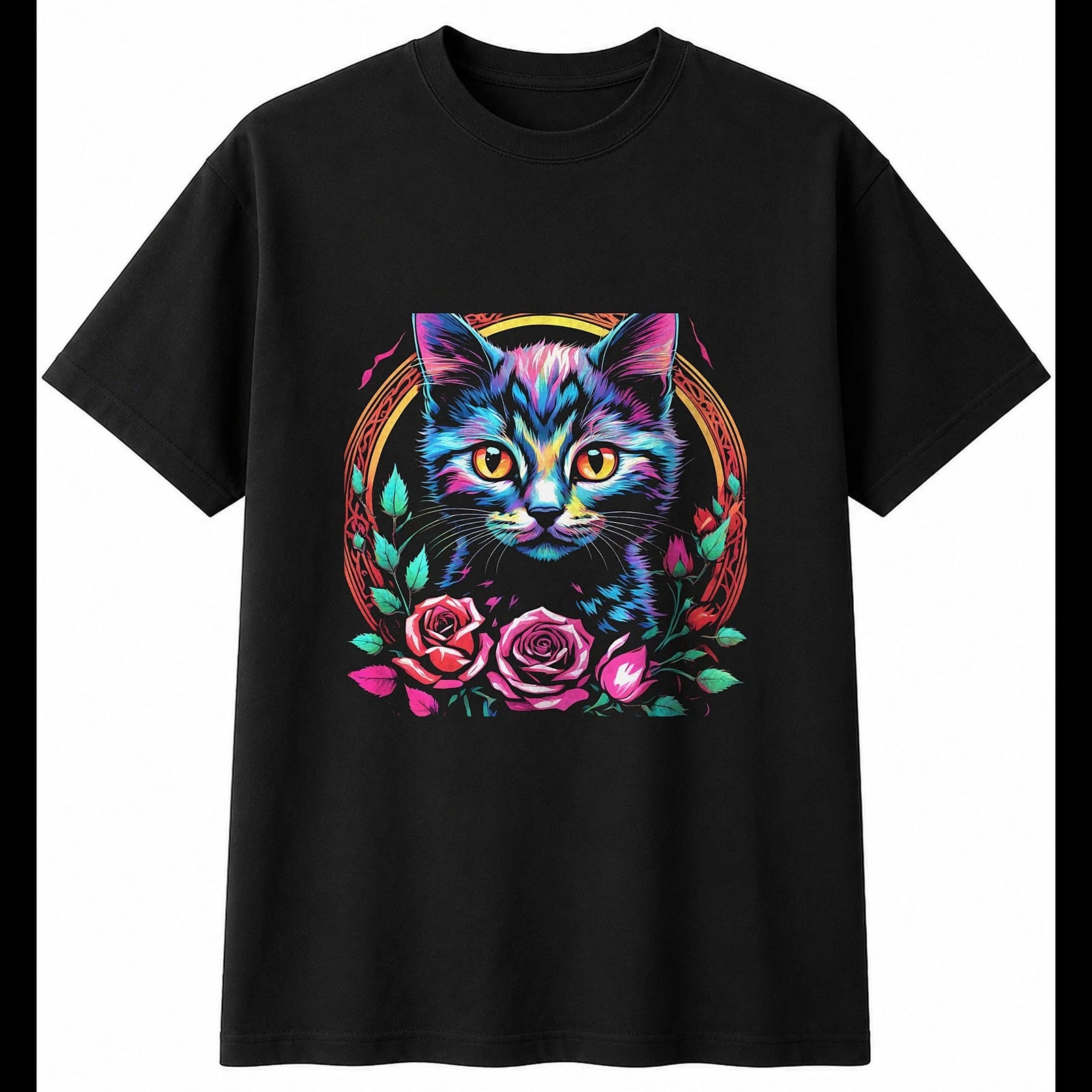 Colourful Kitten with Roses Cat Cute Mens T-Shirt Black 100% Cotton Birthday
