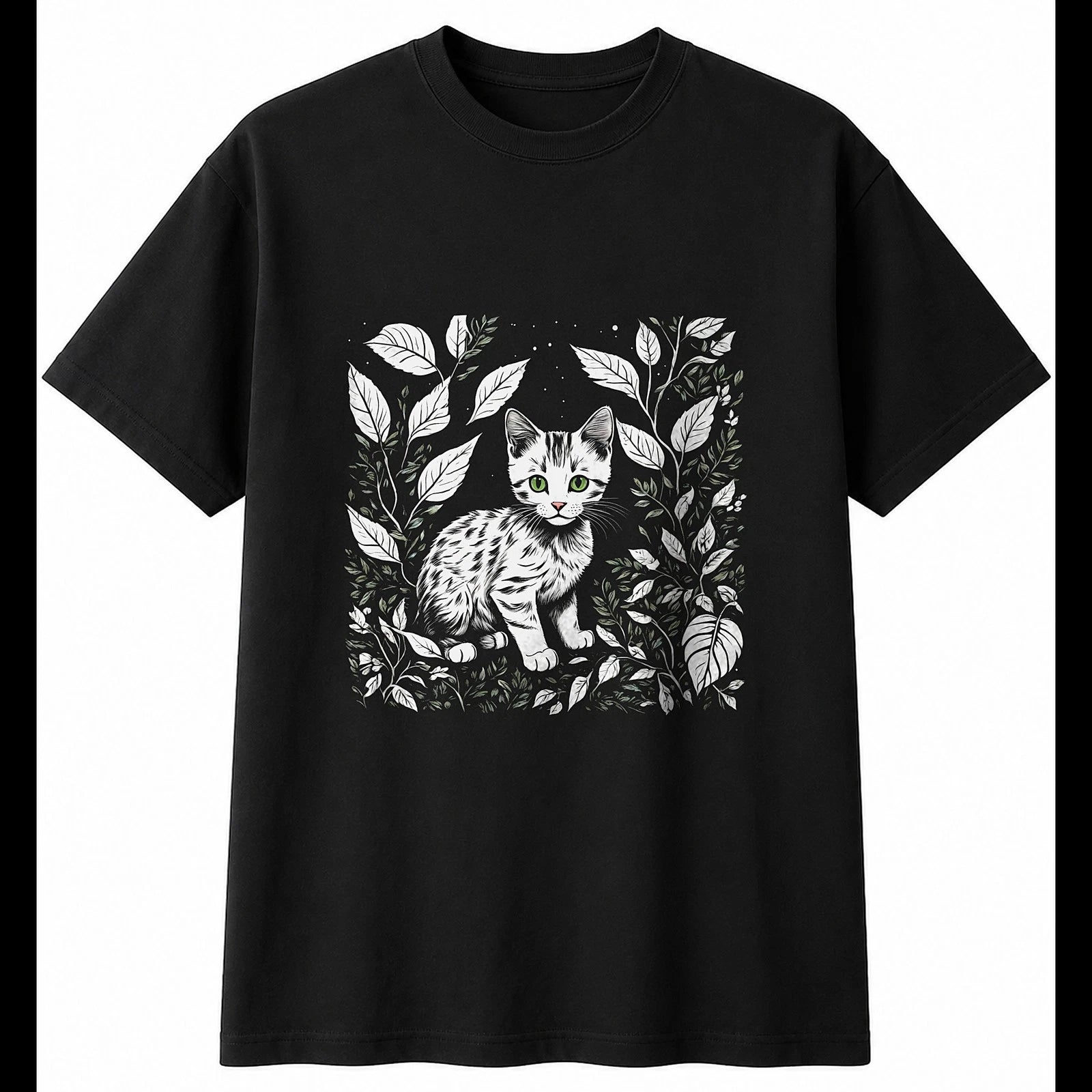 Botanical Kitten in Nature Cat Mens T-Shirt Black 100% Cotton Kawaii Present