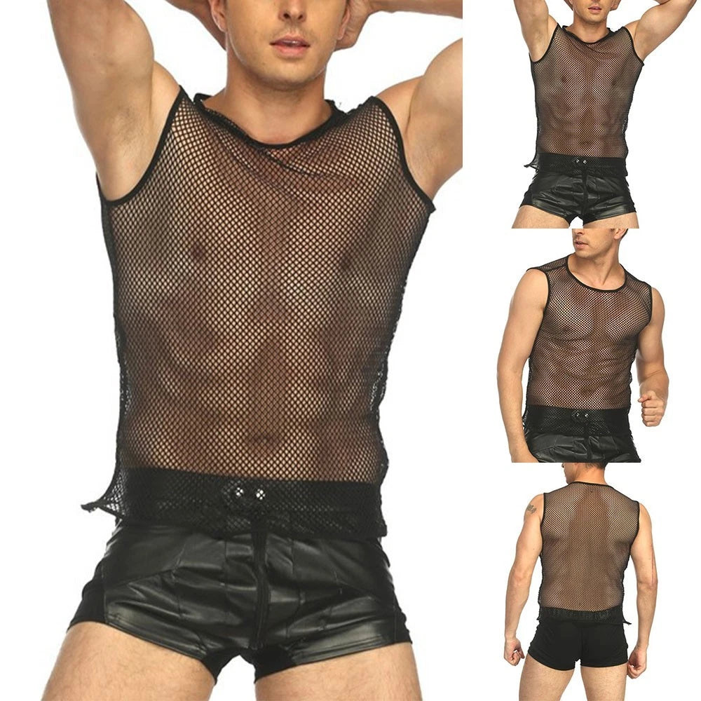 Fashionable Sleeveless Fishnet Mesh Tank Top Mens Slim Fit Sport Shirts M 3XL