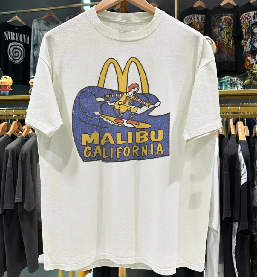 McDonald's Malibu California Washed Aged Vintage T-Shirt White Graphic Tee S-5XL