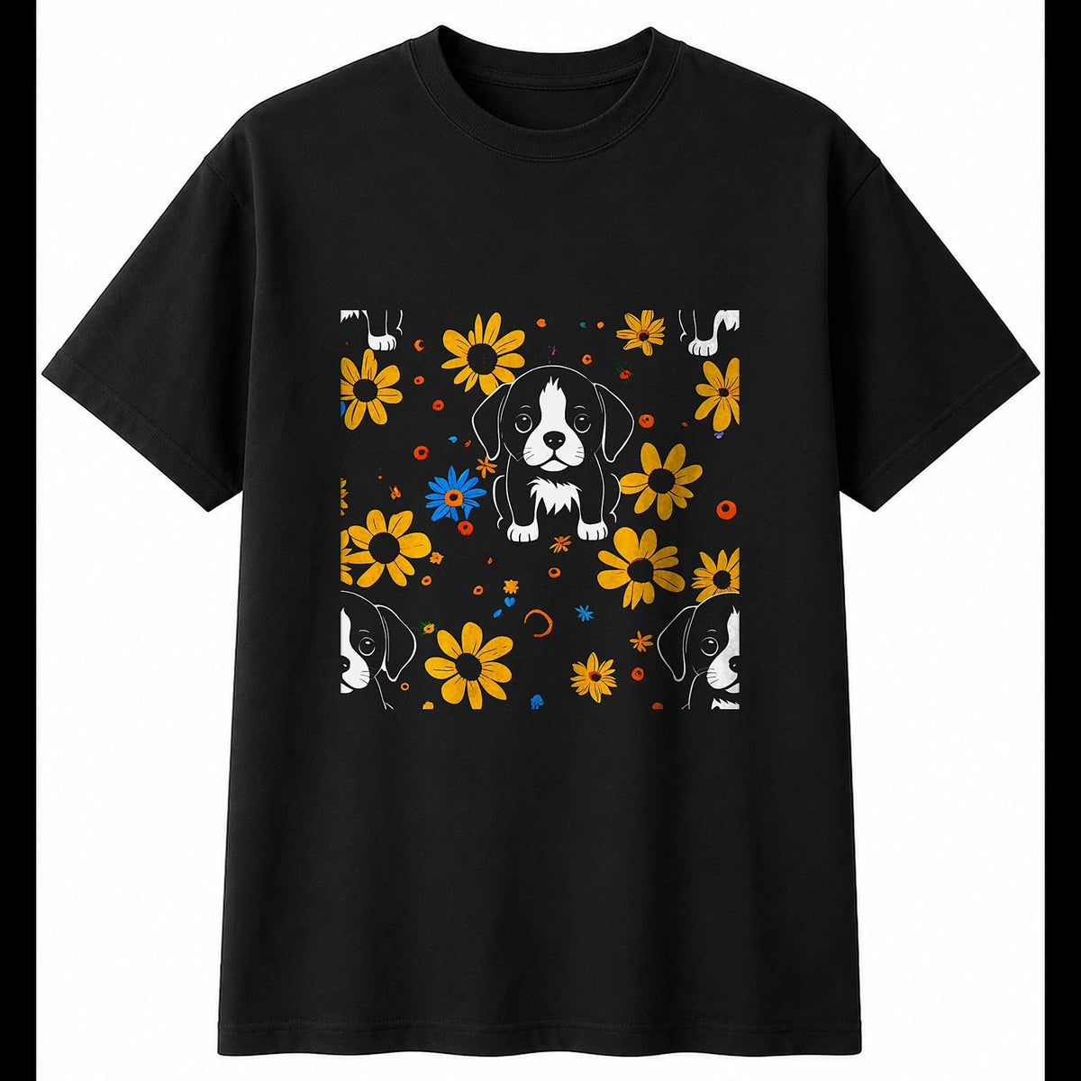 Fantasy Art Puppy with Flowers Dog Cute Mens T-Shirt Black 100% Cotton Kawaii