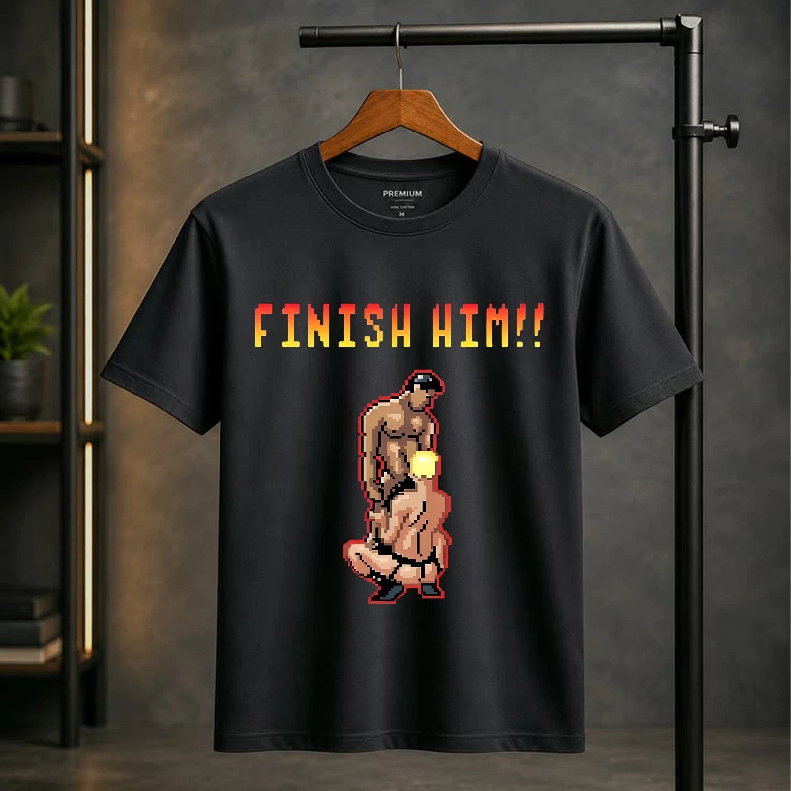 Finish Him Gayming T-Shirt Video Game Parody Gay Pride Interest LGBTQ Top Black