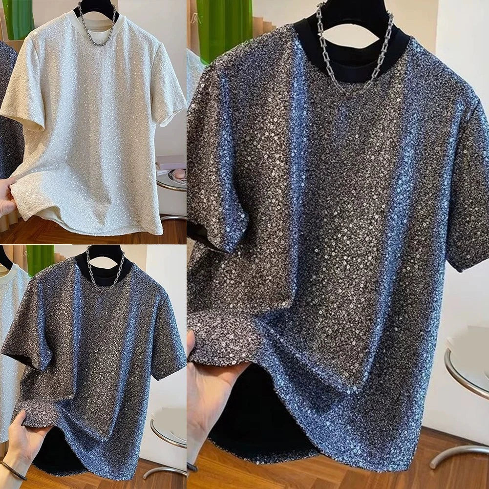 Men's Sequined T Shirt for Summer Vacation Holiday Daily Wear Loose Fit