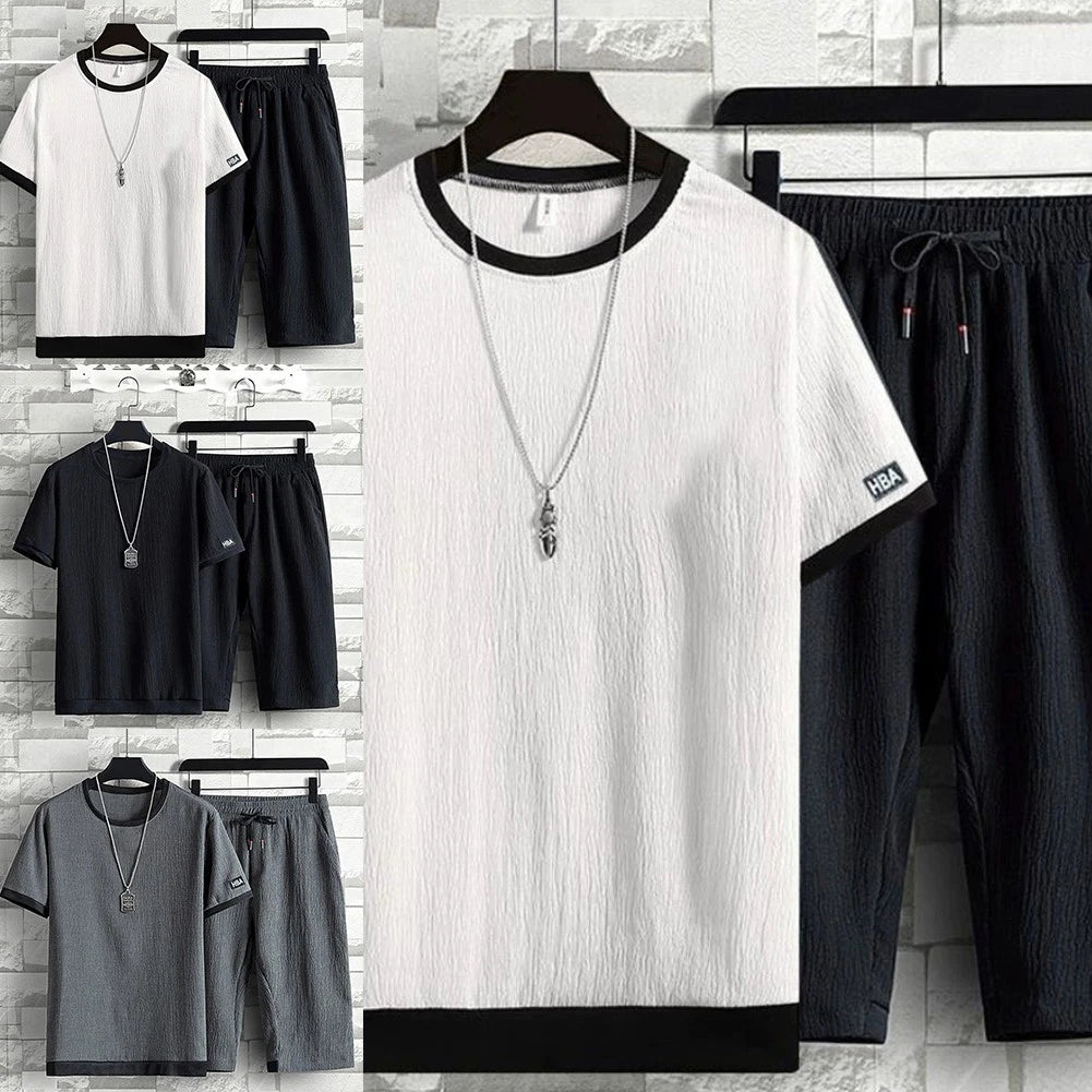 Stylish Men's Summer Set Ice Silk Short Sleeve Tee and Matching Shorts