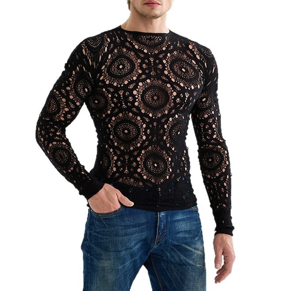 Elastic Long Sleeve Men's Mesh T Shirt with Hollow Design for Stylish Outings