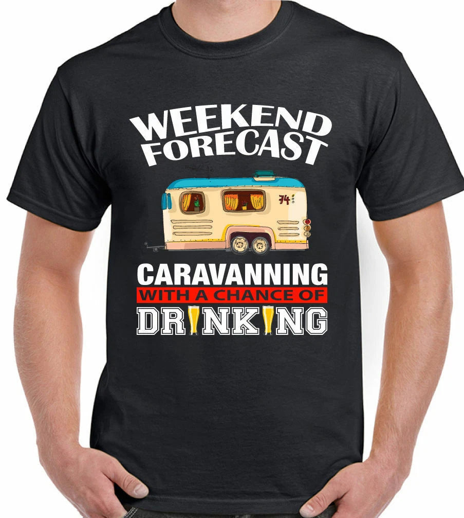 Caravan T-Shirt Caravanning Drinking  Mens Funny Camping Club Weekend Forecast