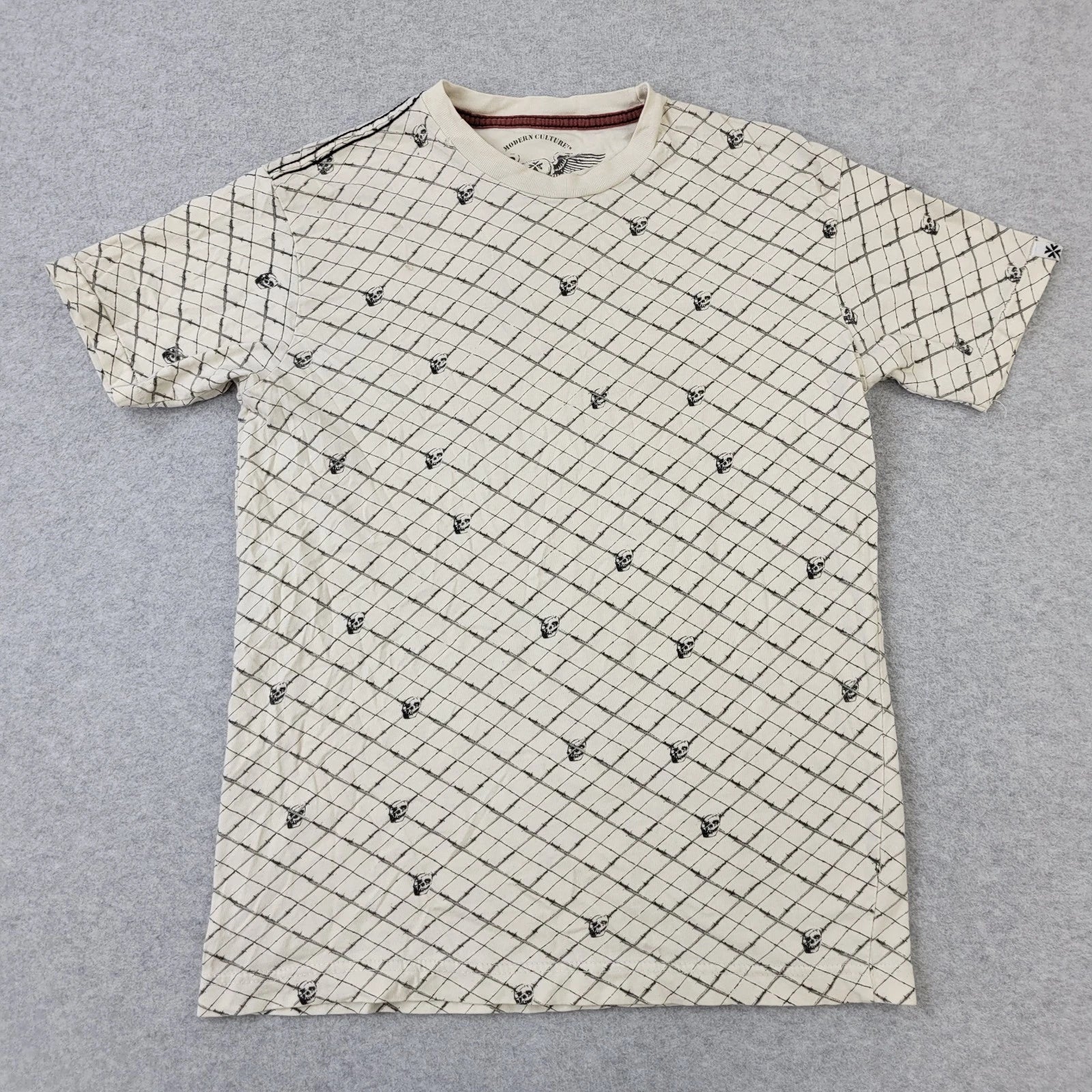 Modern Culture VTG Y2K Shirt Mens Small Beige AOP Skull Graphic