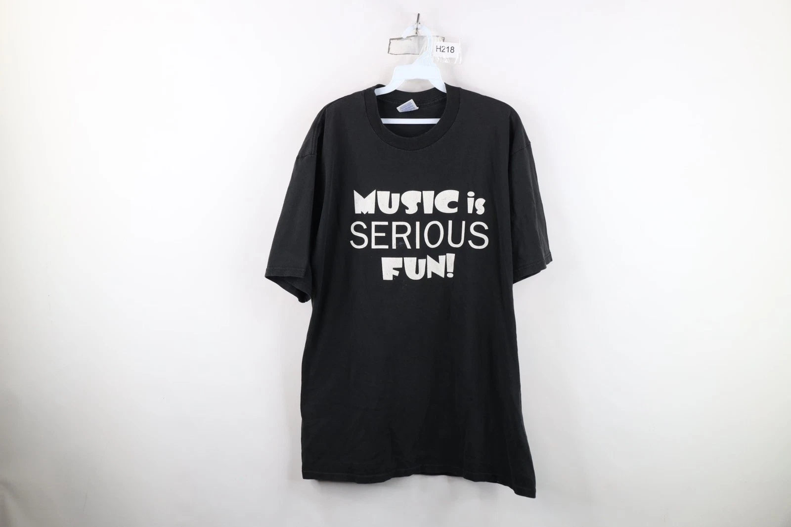 Vintage 90s Streetwear Mens XL Distressed Music Is Serious Fun T-Shirt Black