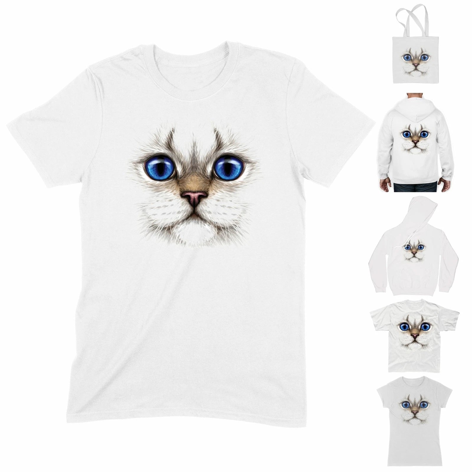 White Cat with Blue Eyes Cute T Shirt - Kittens Face Realistic Animals