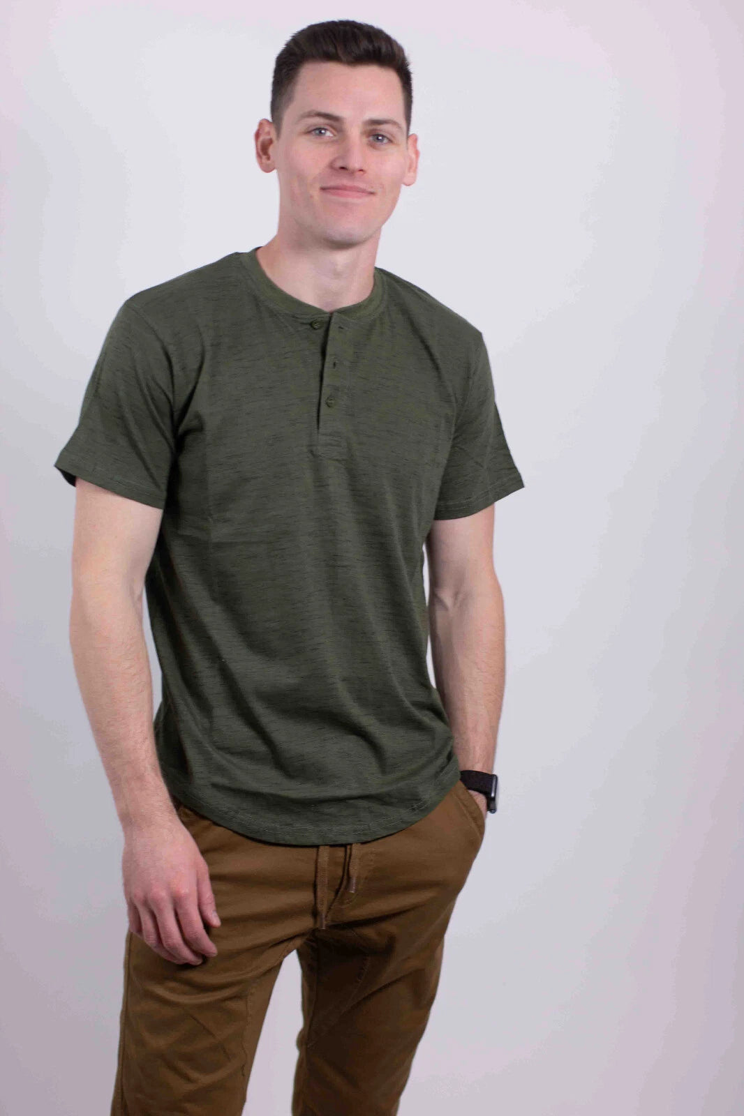 Premium 100% Cotton Henley Shirt Short Sleeve Casual Summer Tee Olive