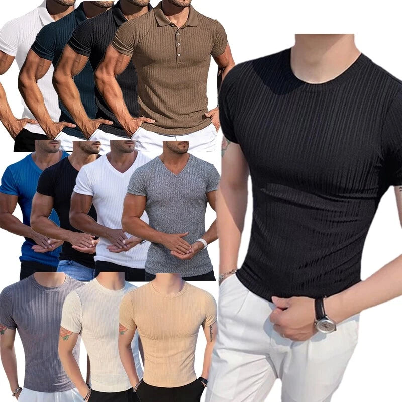 Mens Muscle Tops Ribbed Pullover T-Shirts Slim Fit Workout Base Layer Undershirt