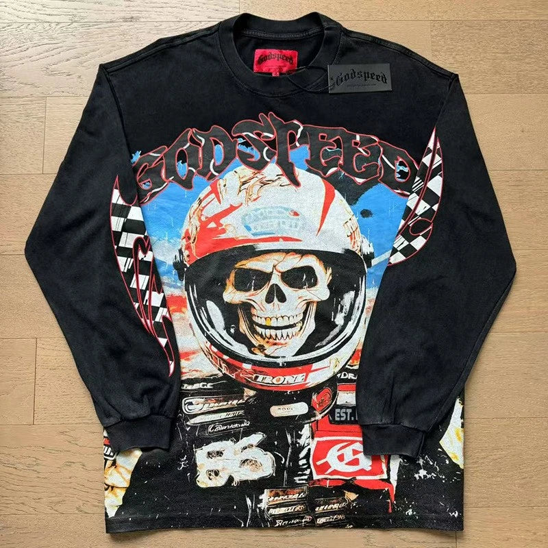 Godspeed long-sleeve vintage pure cotton printed round neck graphic T-shirt Mens