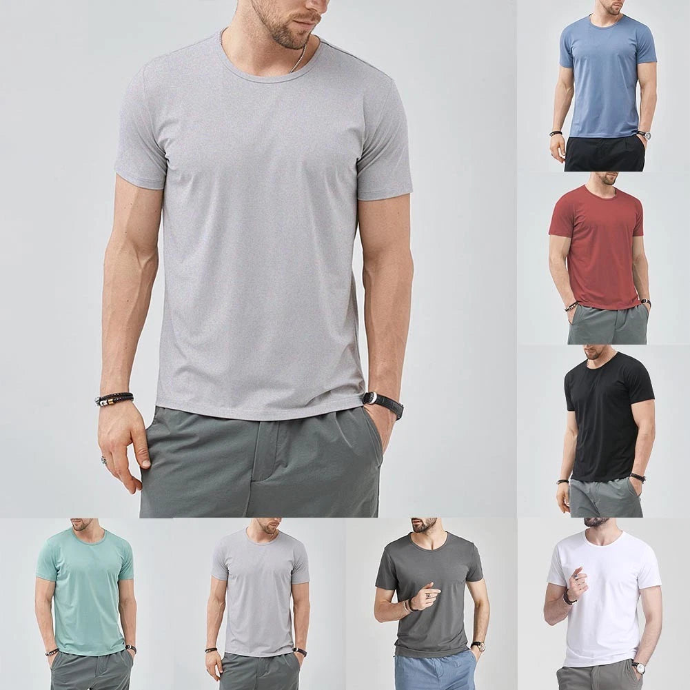 Polyester Solid Color Men T-Shirt O-Neck Short Sleeve Slim Fit Top Black