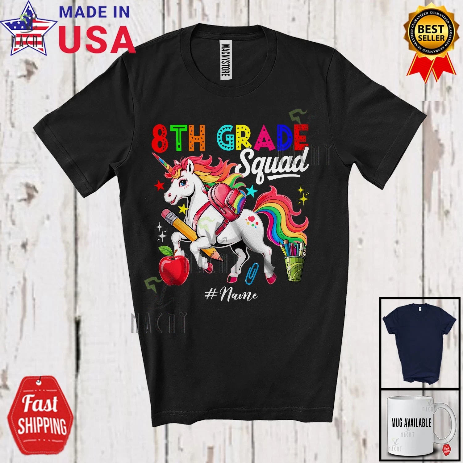 Custom Name 8th Grade Squad; First Day Of School Student Teacher Unicorn T-Shirt