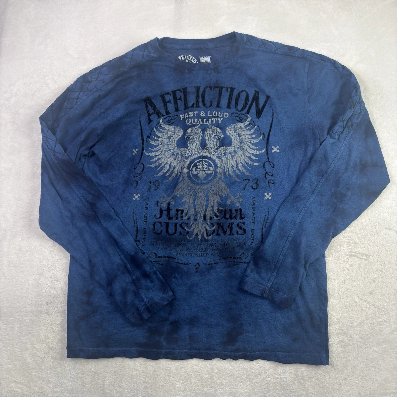 Y2K Affliction Live Fast American Customs Blue Long Sleeve Shirt Men's 2XL