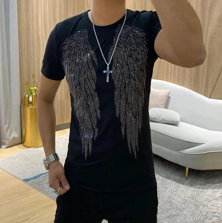 New Men Diamond Fashion Rhinestones Wings Short Sleeve Luxury Black T-Shirt