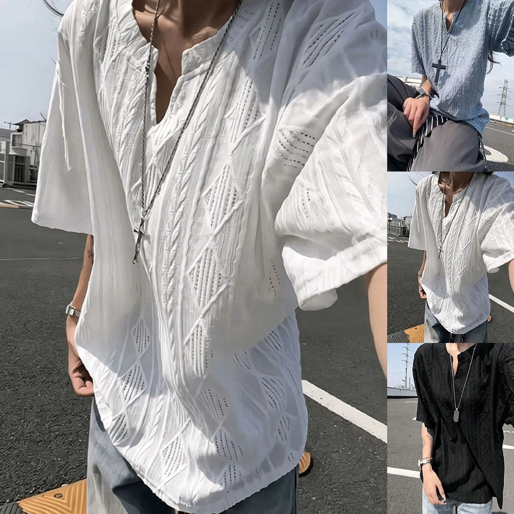Men's Korean Styled T Shirt Hollow Pattern Loose Fit V Neck Short Sleeve