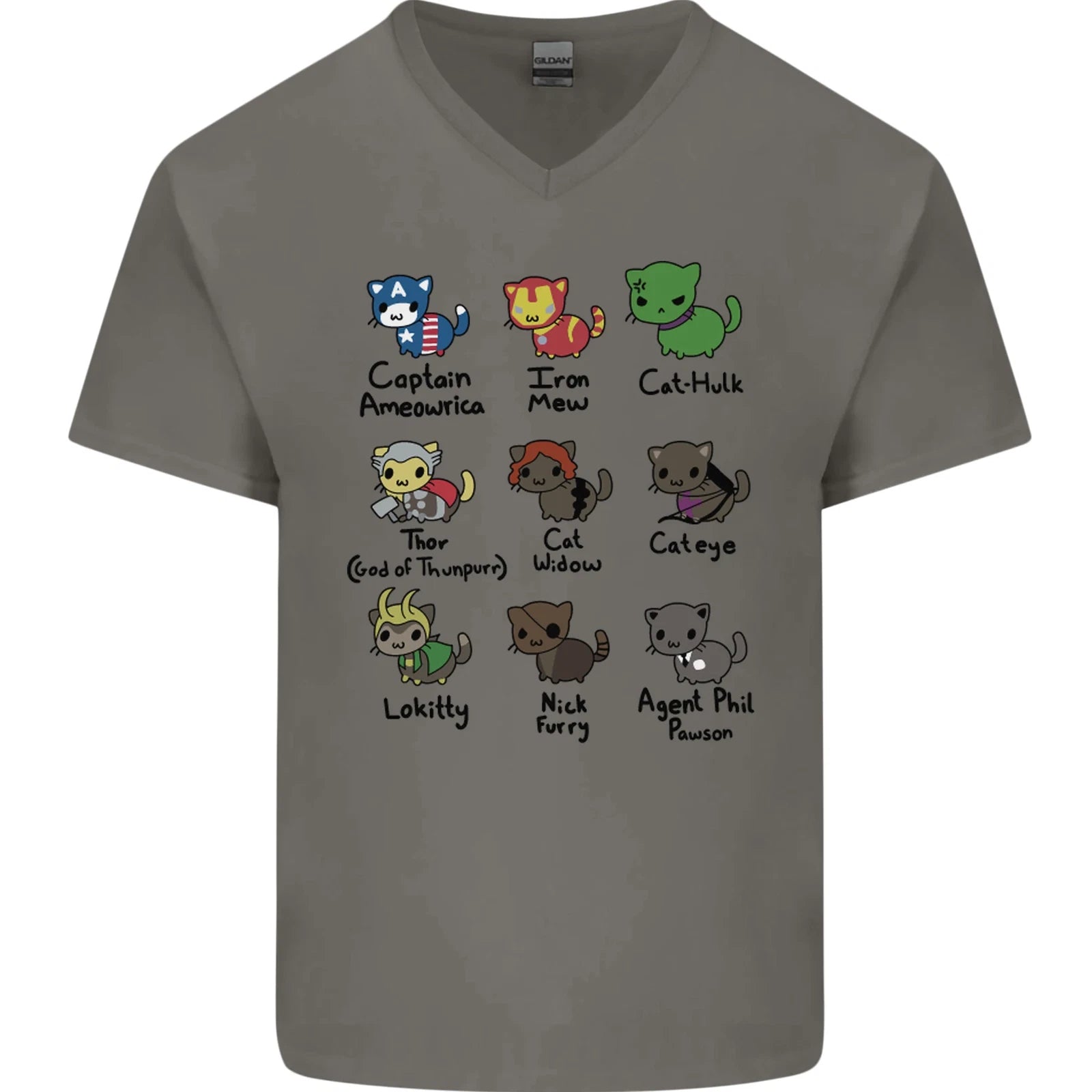 Funny Cat Superheroes Mens V-Neck Cotton T-Shirt
